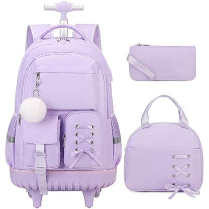 Scothen Rolling Backpack for Girls, Girls Backpack Set with Lunch Box & Pencil Pouch for Teen Girl Kids Children Elementary Middle School, Bookbag Daypack Laptop Travel Backpack with Wheels (Purple) - color: Purple