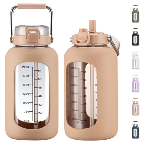 MUKOKO 84oz Glass Water Bottle with Time Marker and Silicone Sleeve 2.5L Water Jug with Stainless Steel Handle Gallon Drinking Bottle with 2-in-1 Lid Wide Mouth BPA Free, Amber - color: Amber, size: 84 Ounces