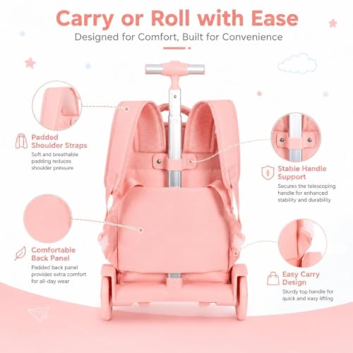 CCJPX 3Pcs Women & Girls Rolling Backpack with Bigger Wheels, Extra-Large Wheeled Bookbag with Lunch Box, Water Resistant Extra-Large Roller Luggage for Travel, Work, College (Pink) - color: Pink(upgrade Large Wheel)