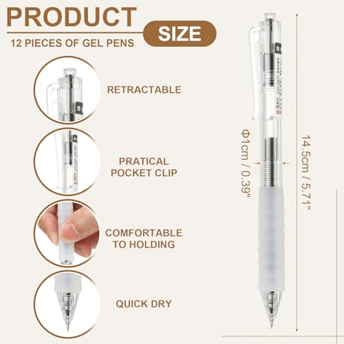 PATIKIL 0.5mm Gel Pens, 12 Pack Black Ink Retractable Smooth Writing Quick Dry Rollerball Pens Medium Point for Home Office Business Art Writing Note Taking, Clear AGPJ0601A
