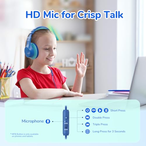 EarFun K3 Kids Headphones, Over Ear Headphones with Microphones, 85/94dB Safe Volume Limit, HD Stereo Sound, 3.5mm Jack, Foldable Wired Headphones for School/Travel/Boys/Girls/Tablet/iPad, Blue - color: Blue