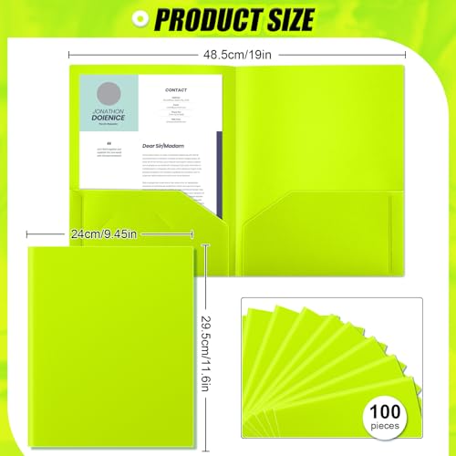 Gueevin 100 Pack Plastic Folder with Pockets, 2 Pocket Folders, Plastic Glossy Folders Fit Letter Size Paper, Heavy Duty Durable File Folder with Business Card for Home Office School (Lime Green) - color: Lime Green