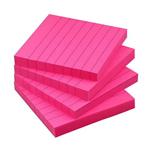 Lined Sticky Notes 3x3 in, Self-Adhesive, 4 Pads, 90 Sheets Each(Rose Red) | Strong Self-Adhesive Backing, Sticks Firmly and Removes Cleanly - color: Rose Red