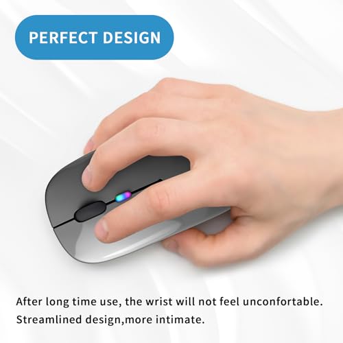 Wireless Bluetooth Mouse, Rechargeable, LED, Silent, Ultra-thin Design (Bluetooth 5.2 and 2.4GHz USB Receiver) | Portable Computer Mouse for Laptops, iPads, MacBooks and Apple Devices (Grey) - color: Grey
