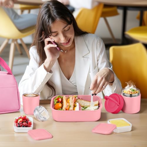 Bento Lunch Box Set with 10.5oz Soup Thermo Food Jar for Adults Kids, Stainless Steel Leak-proof Lunch Container with 4 Compartment, Coffee Tumbler with Lunch Bag for School Travel Office-Pink - color: Pink