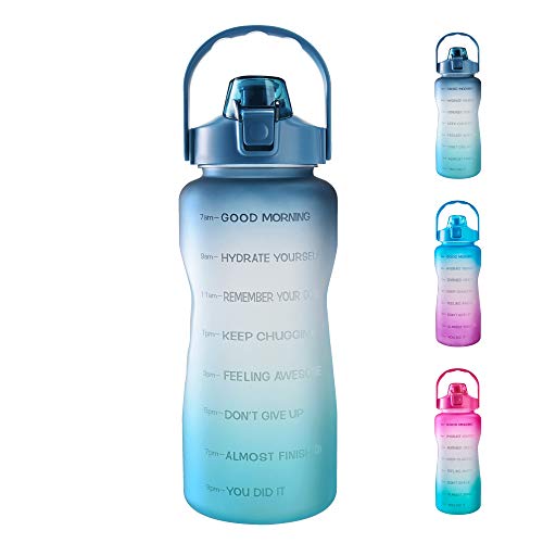EYQ 64oz/128oz Leakproof Free Drinking Water Bottle with Motivational Time Marker BPA Free for Fitness, Gym and Outdoor Sports - color: Navy/Green Gradient