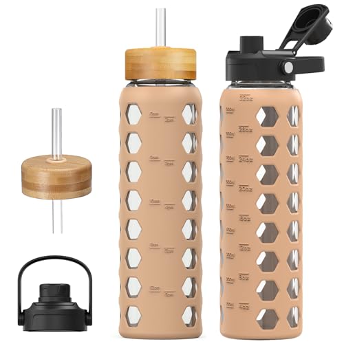 MUKOKO Glass Water Bottle, 32oz, Amber | Glass Tumbler with Straw, Drinking Bottles with 2 Lids-Handle Spout Lid & Bamboo Straw Lid, Silicone Sleeve, 1 Pack - color: Amber, size: 32 Ounces