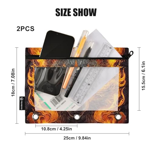 Personalized Custom Orange Black Flame Wolf Head Pencil Pouch for 3 Ring Binder Black Spider Web 2 Pack Binder Pouches Clear Window Zipper Pencil Case Cosmetic Organizer Bags