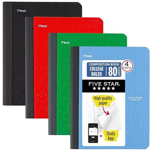 Five Star Composition Book + Study App, 4 Pack, College Ruled Paper, 7-1/2" x 9-3/4", 80 Sheets, Forest Green, Pacific Blue, Fire Red and Black (850065B-ECM) - size: 4 Pack, style: College Ruled