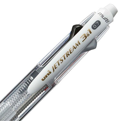 Uni Jetstream Multi Pen 3and1, 0.7mm Ballpoint Pen (Black, Red, Blue) and 0.5mm Mechanical Pencil, Clear Body (MSXE460007.T) - style: Clear Body