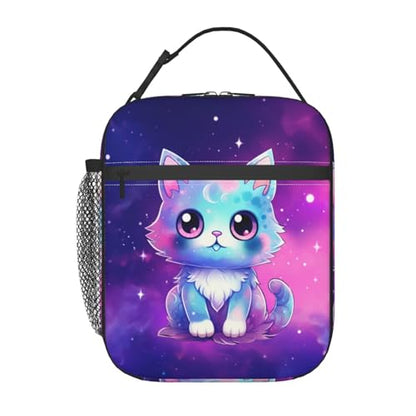 Galaxy Cute Cat Printed Insulated Lunch Box Portable Purple Lunch Bag with Detachable Handle,Reusable Lunchbox for Girls Boys Adults - color: Galaxy Cat