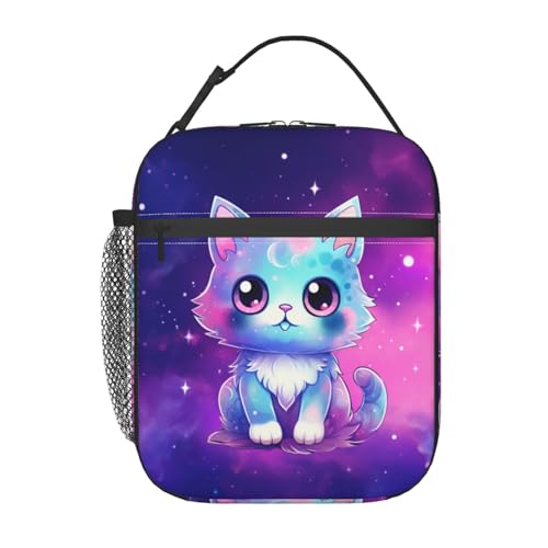 Galaxy Cute Cat Printed Insulated Lunch Box Portable Purple Lunch Bag with Detachable Handle,Reusable Lunchbox for Girls Boys Adults - color: Galaxy Cat