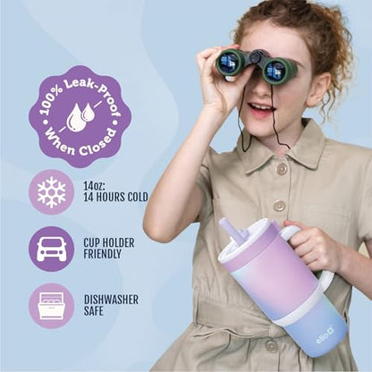 Ello Oasis 14oz Stainless Steel Toddler Tumbler with Handle & Retracting Straw, 100% Leakproof, Double-Wall Vacuum Insulated, Kids Water Bottle for School, BPA Free, Dishwasher Safe, Purple Swirl - color: Purple Swirl, size: 14 Ounces