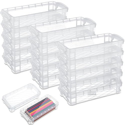 Gueevin 24 Pcs Large Capacity Plastic Pencil Box Clear Plastic Pencil Case Crayon Box with Snap Tight Lid Watercolor Pen Storage Brush Organizer Drawing Tools Container (White) - color: White