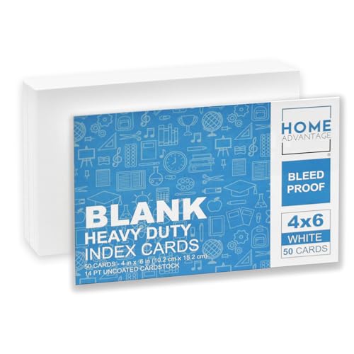 Home Advantage 4x6 Blank Index Cards - 50 Pack of Heavy Duty Bleed Proof Notecards & Flashcards - size: 4x6