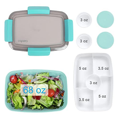 Caperci Large Salad Container Bowl for Lunch - Better Adult Bento Lunch Box 68 oz, 5-Compartment Tray, 2pcs 3-oz Sauce Cups, Stackable, BPA-Free (Aqua Sky) - color: Aqua Sky