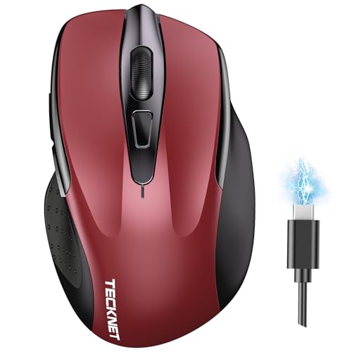TECKNET Wireless Mouse, BT 5.0/2.4G, Rechargeable 6-DPI Silent, Red | Bluetooth 5.0/3.0 & USB A, 2-Device Easy Switch, Wide OS Compatible, 6 Buttons, 6-DPI up to 4800, Ergonomic for S to M Hands - color: Red