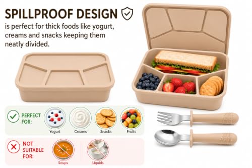 3-Piece Silicone Bento Lunch Box Set for Kids – Spoon & Fork Included, BPA Free, Dishwasher Safe, Reusable Lunch Container - color: Khaki