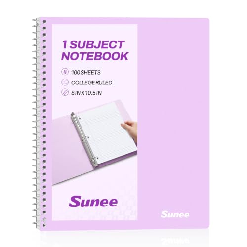 SUNEE Spiral Notebook, 1-Subject, College Ruled Paper, 8" x 10-1/2", 100 Sheets per Notebook, 3-Hole Punched Paper, Water Resistant Cover, Double-sided Pockets, Spiral Lined Notebooks for Work, Purple - color: Purple
