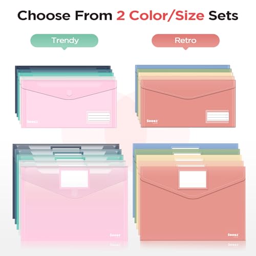 Sooez 10Pack Plastic Envelopes, Plastic File Folders, Clear Folders for Documents Trendy Colors, Super Heavyweight Document Holders, Storage Pouches, File Envelopes for School Office Supplies - style: Trendy/A4