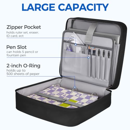 Ytonet Zipper Binder Bag, 2 Inch 3 Ring Binder with Zipper Fit 14 Inch Laptop, 500 Sheets Capacity Zippered Binders with Shoulder Strap & Removable O-Ring Pad for College, Office, Work, Black - color: 2 In-full Black