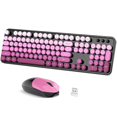 Dilter Wireless Keyboard Mouse Combo, Typewriter Full Size Keyboard with Number Pad and 2 in 1 USB Connected Mouse for Windows 7/8/10, Laptop, Desktop, PC, Computer (Black & Pink) - color: Black Pink
