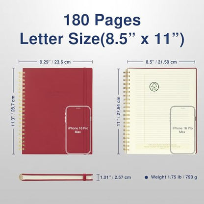 AuroPlanner Undated Daily Planner Notebook 8.5x11 Hourly Schedule Red | office & student planning, 180 pages 100 GSM cream white paper hardcover spiral bound notebook, 2026-2028 reference calendar - color: Red
