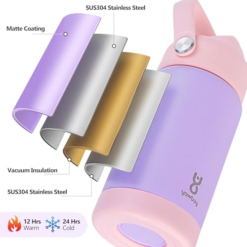 Kids Insulated Water Bottle with Straw Lid & Silicone Handle,12oz Kids Leak Proof Water Bottle for School Boys Girls,Double Wall Vacuum Stainless Steel with Non-slip Silicone Base(Light Purple) - color: Light Purple, size: 12 Ounces