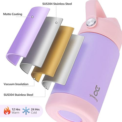 Kids Insulated Water Bottle with Straw Lid & Silicone Handle,12oz Kids Leak Proof Water Bottle for School Boys Girls,Double Wall Vacuum Stainless Steel with Non-slip Silicone Base(Light Purple) - color: Light Purple, size: 12 Ounces