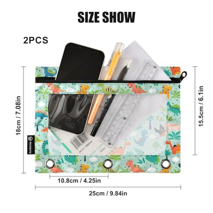 Funny Dinosaurs Pencil Pouches for 3 Ring Binder, Zipper Binder Pencil Case, 2 Pack Clear Window Case Bag for Office Organizers - color: Funny Dinosaurs