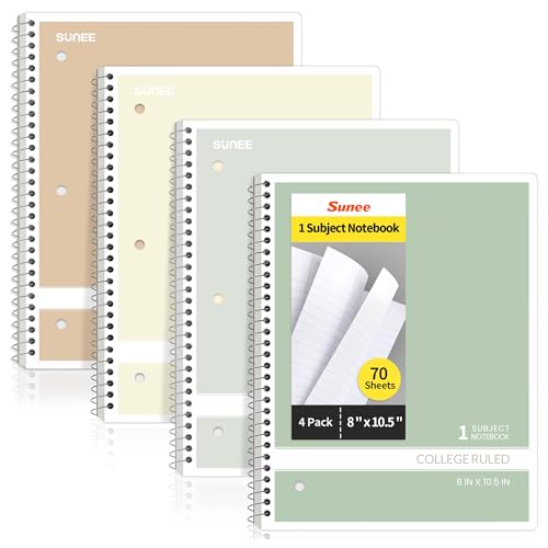 SUNEE Spiral Notebooks College Ruled, 1-Subject, 4 Pack, 8 x 10-1/2 inch, 70 Sheets per Notebook, 3-Hole Punched Paper, Green, Grey, Beige, Red for Work, Home & School, Writing Journal - color: Aesthetic