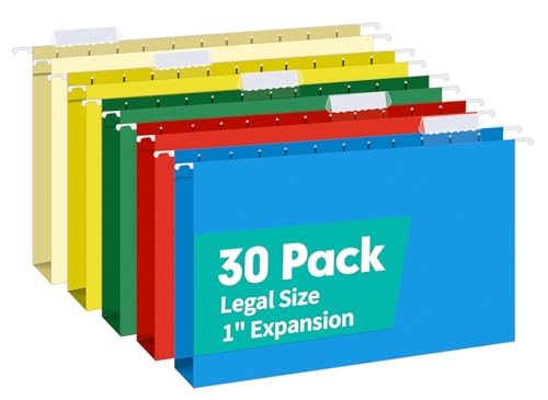 HERKKA Extra Capacity Legal Size Hanging File Folders, 30 Pack Reinforced Legal Size Hanging Folders with Heavy Duty 1 Inch Expansion, Designed for Bulky Files, Medical Charts, Assorted Colors - size: 1 Inch Expansion