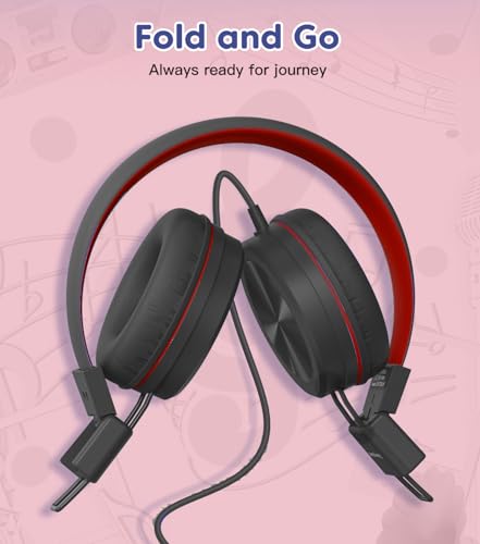 Cowyawn Kids Headphones, Toddler Headphone with Safe Volume Limiter 94dB, Wired School Headphones for Kid, 3.5mm Adjustable On-Ear Headphone for Boys/Girls/Children/Teens/iPad/Computer, Red Black - color: Red Black