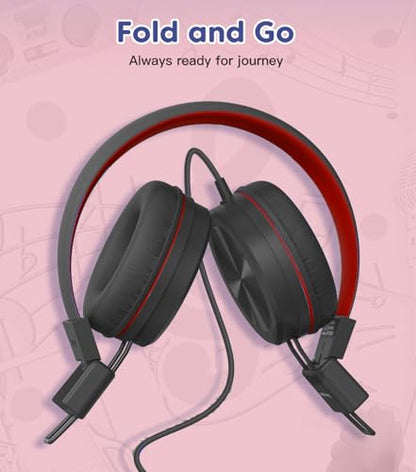 Cowyawn Kids Headphones, Toddler Headphone with Safe Volume Limiter 94dB, Wired School Headphones for Kid, 3.5mm Adjustable On-Ear Headphone for Boys/Girls/Children/Teens/iPad/Computer, Red Black - color: Red Black
