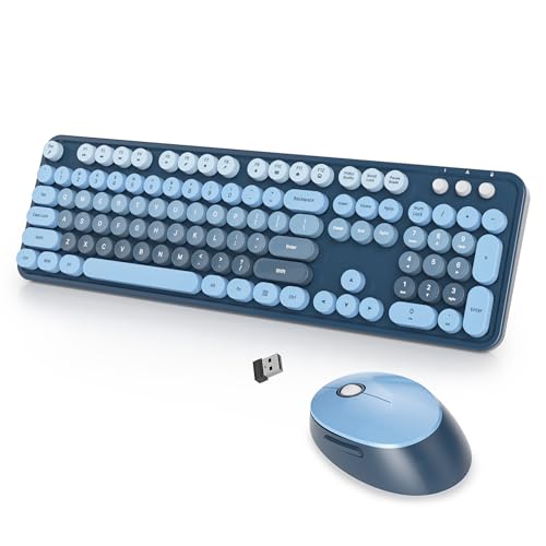 Wireless Keyboard and Mouse Set, Retro Typewriter, 2.4GHz Full Size 104-Key Cute Keyboard with Number Pad, Colorful with Round Keycaps for Windows PC Laptop(Sea Blue) - color: Sea blue gradient