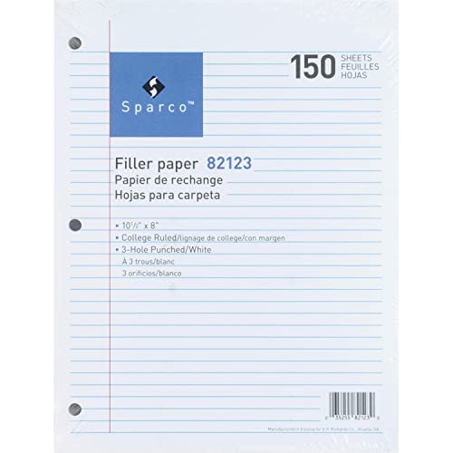 Sparco 82123 Filler Paper, College Ruled, 16lb., 10-1/2-Inch x8-Inch, 150/PK, WE