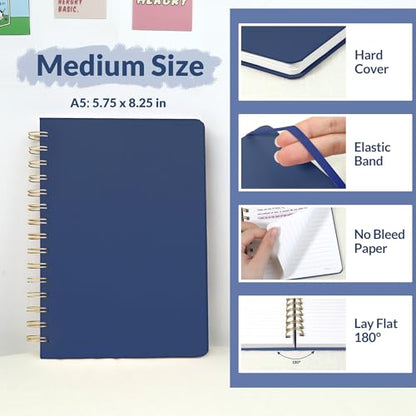 SUNEE Lined Spiral Journal Notebook for Women, 146 Pages College Ruled Hardcover Journaling Notebook for Work, Note Taking and Office School Supplies, A5 - Navy Blue - color: Navy Blue
