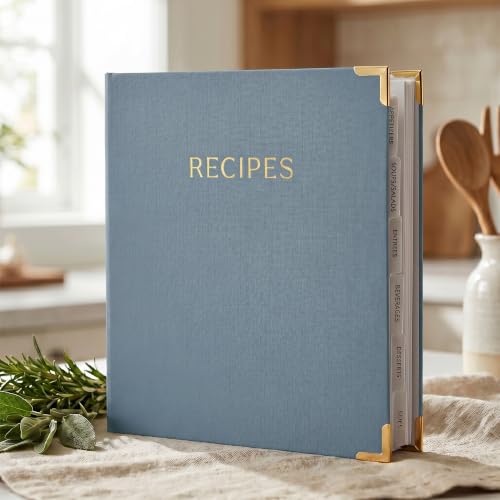 Aesthetic Recipe Binder with Polyester Waterproof cloth Cover - The Perfect Recipe Book with Plastic Sleeves to Write in Your Own Recipes - Quality Blank Cookbook Binder, Cards incl. - color: Dusty Blue, size: Medium - 9.5x8.5"