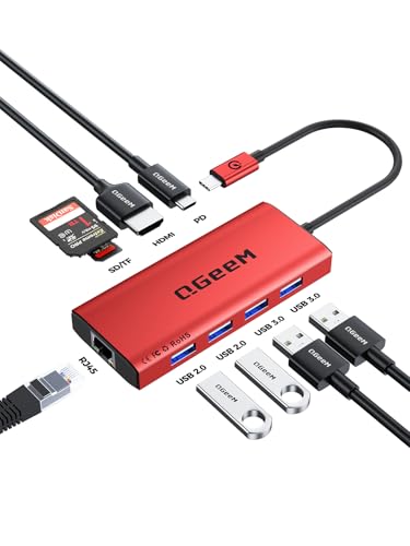 QGeeM USB C Hub Ethernet,9 in 1 USB Type C Hub HDMI Multi-Port Converter Adapter,100W Pd, USB 3.0,SD/TF Card Reader,Compatible for MacBook Pro Air Ipad HP Dell Lenovo Chromebook etc.-Red - color: Red
