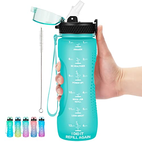 24 OZ Motivational Kids Water Bottle With Time Marker,Straw Lid,Leak Proof, Tritan BPA Free Sports Water Bottle Green(1 Lid) - color: Green
