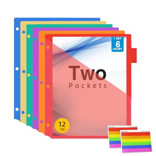 Binder Dividers with Pockets,Plastic 6 Tab 2 Set,Dividers with Angled Cut Pocket, Multi-Colored Tabs for 3-Ring Binder, A4 Letter Size, Durable Refillable Insert Sheets (12Pcs)
