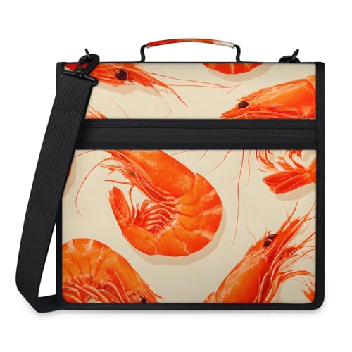 Shrimp Ocean Food Zipper Binder, 3 D-Ring Expanding File Folder with Handle & Adjustable Shoulder Strap, 400 Sheets Capacity Multi-Pocket Organizer for 13 Inch Laptop - color: Shrimp Ocean Food