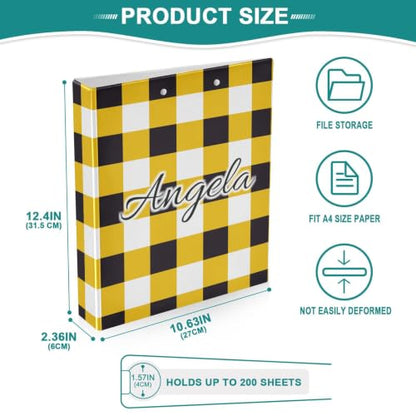 Custom 3 Ring Binder 1.5 Inch Round Rings Yellow Black Checkerboard Personalized Name Binders Organizer Fashion View Binder with 2 Pockets for School Office Supplies - color: Multi03