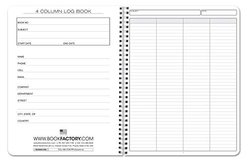 BookFactory 4 Column Log Book, Wire-O, 100 Pages | Columnar Notebook Format, 8.5'' x 11'' - Made in USA - size: 4 Column, style: Wire-O