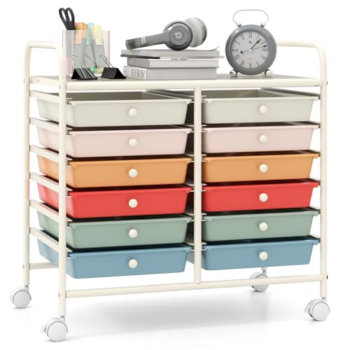 Giantex 12 Drawers Rolling Cart, Mobile Storage Drawer Cart, Classroom Organizer Cart for Office School Supplies Tools Scrapbook Paper Craft Small Printer, Utility Cart on Wheels, Macaron - color: Macaron, size: 25” x 15” x 24.5”(12 Drawers)