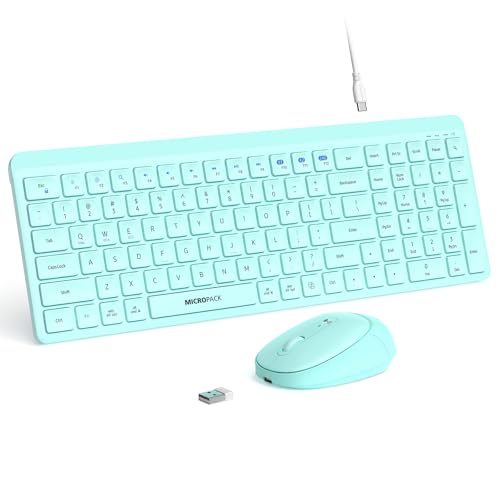 Teal Wireless Keyboard and Mouse Combo for Desktop Mac iPad Bluetooth 2.4 Ghz Rechargeable Slim Silent Click with Number Pad Compatible with Pc, Laptop, Tablet (Green) - color: Teal