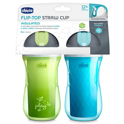 Chicco Flip-Top Straw Cup 9oz | Insulated Toddler Sippy Cup with Soft Silicone Straw | No-Spill Valve | Easy-Clean | BPA-Free | 2pk | For Ages 12+ Months | Green Play/Teal - color: Green Play/Teal, size: 9 Ounces