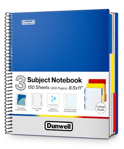 Dunwell 3-Subject Spiral Notebook College Ruled 8.5x11 (Blue), 150 Sheets (300 Pages), Tabs, Colorful Movable Divider Pockets Fit 8.5 x 11 Content, Front/Back Plastic Covers, 3-Hole Perforated Pages - color: Blue