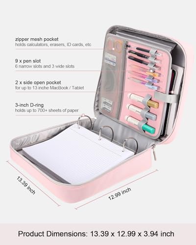 3-Inch 3-Ring Zipper Binder with Shoulder Strap and Multiple Pockets | D-Ring Zip Up Binder with 700 Sheets Capacity, Compatible with 13" MacBook/Tablet, for Middle School, Office, Pink - color: Pink
