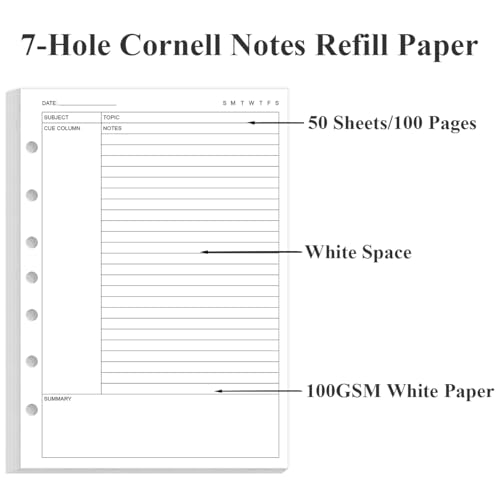 Junior Size Cornell Notes Filler Paper - A5 TUL Custom Note-Taking System 8 Disc Discbound Refill Pages, 50 Sheets/100 Pages, 100 gsm White Paper, 5.8" x 8.3" - size: 1-Pack, style: 8-Disc/Junior Size
